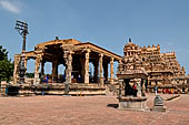 The great Chola temples of Tamil Nadu - The Brihadishwara Temple of Thanjavur. The open pavilion that shelters the huge monolithic Nandi. 